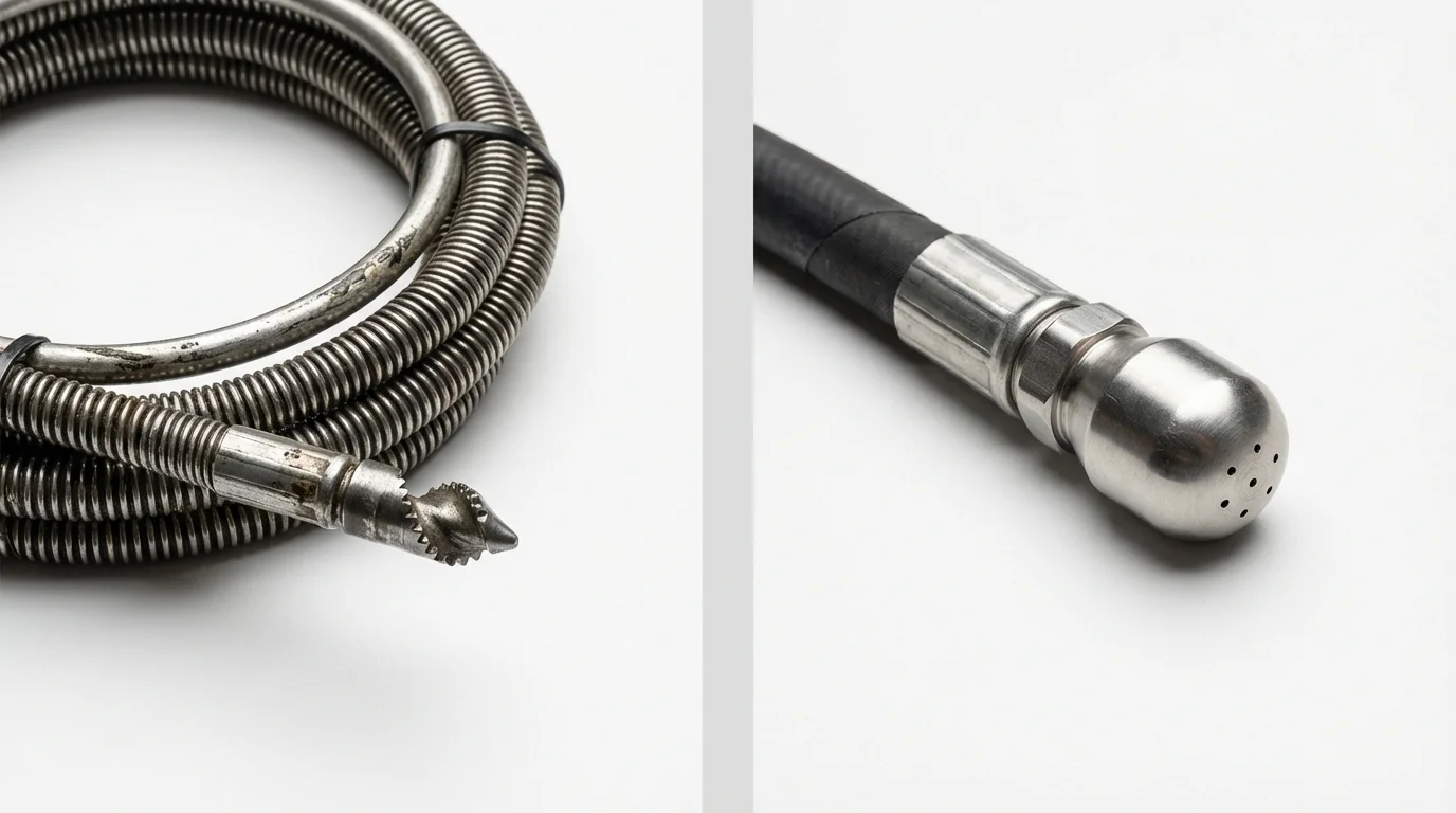 Drain snake cable and hydro jetting nozzle used for drain cleaning in Hillsboro, WI