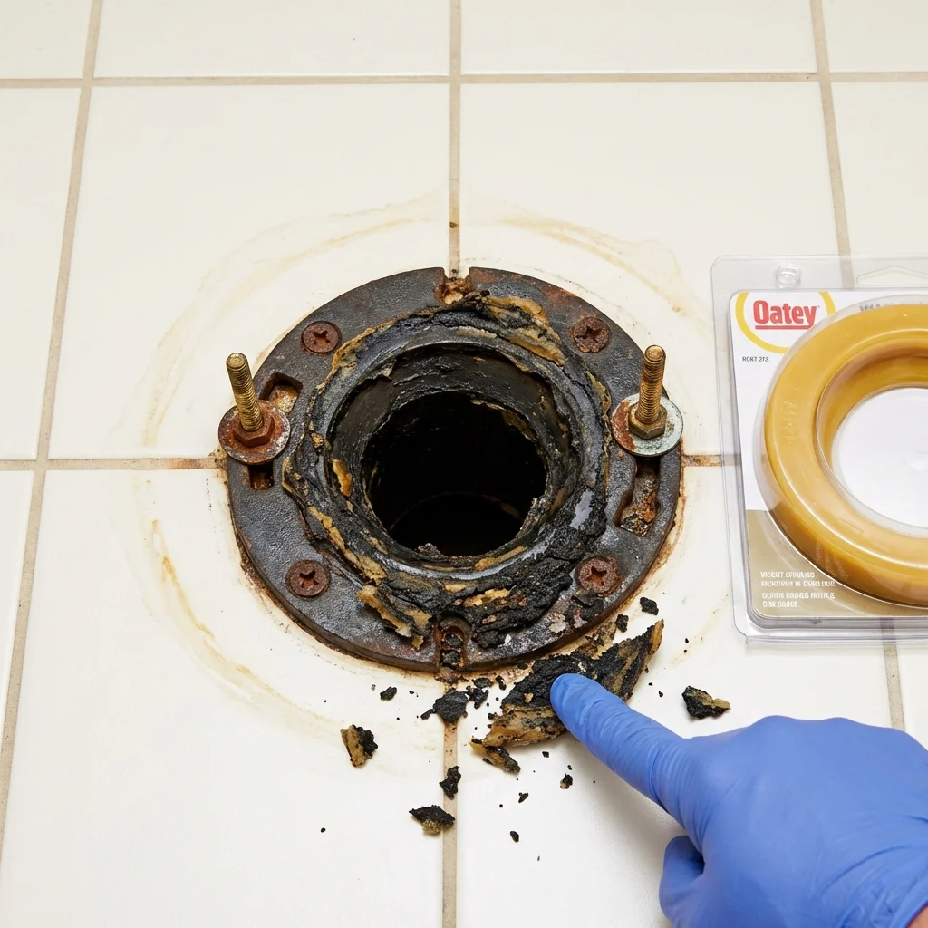 Failed wax ring showing water seepage at the base of a toilet in a Hillsboro, WI home
