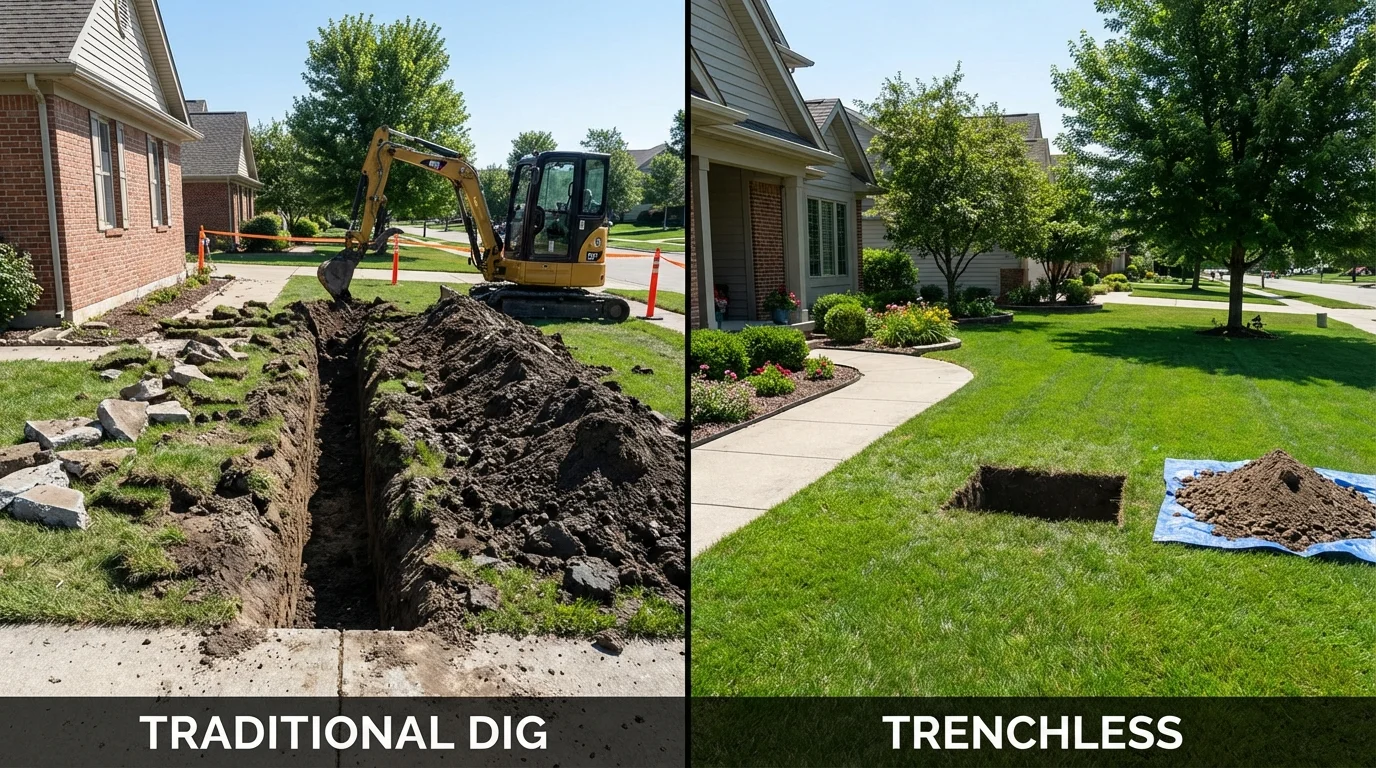 Trenchless sewer repair with minimal yard damage versus traditional excavation in Hillsboro, WI