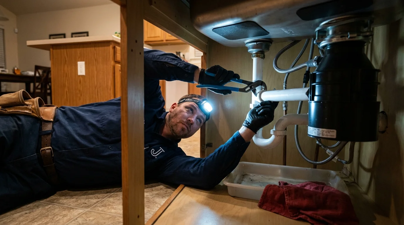 P-trap and supply line connections under a kitchen sink showing a common leak point in Hillsboro, WI